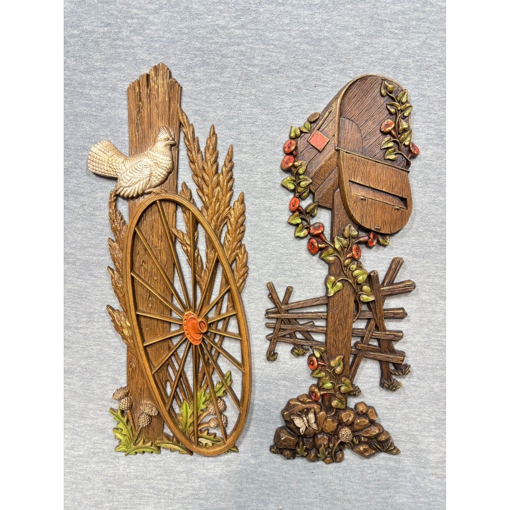 Vintage Burwood Products Country Wall Plaques Mailbox Wagon Wheel Set of 2